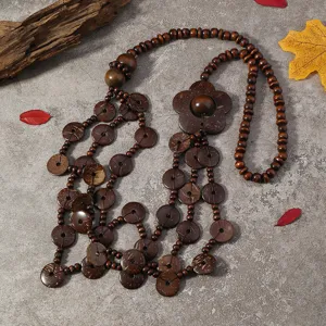 Bohemian handmade coconut shell long sweater necklace multi layer wooden bead necklace for women
