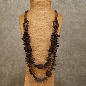 Handmade bohemian long wooden coconut shell layered necklace vintage sweater chain jewelry.