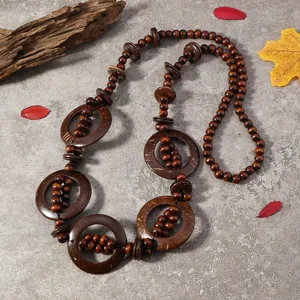 Bohemian vintage coconut shell long wood bead necklace detail view, rustic sweater chain