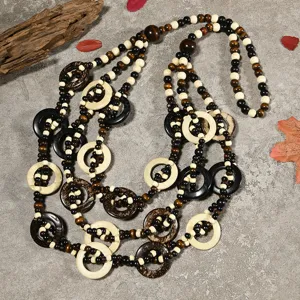 Bohemian multi-layer wooden bead coconut shell necklace long sweater chain jewelry detail