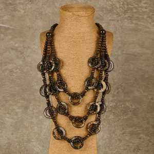 Boho multi-layer coconut shell long sweater necklace, retro handmade wooden beaded jewelry.