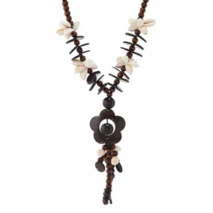 Vintage bohemian wooden bead coconut shell pendant necklace for women holiday vacation jewelry