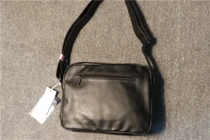 Black men leather shoulder messenger bag detail view, casual daily crossbody bag.