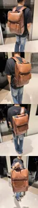Vista dettagliata dello zaino da uomo in pelle marrone con grande capacità e tasche.