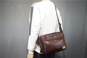 Brown leather messenger bag, casual crossbody bag for men and women, stylish daily use.