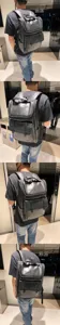 Vista dettagliata dello zaino uomo in ecopelle nera, con tasche multiple e stile di trasporto.