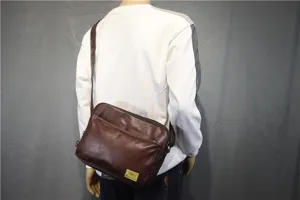 Brown leather messenger bag for men and women, minimalist horizontal shoulder bag.