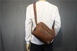 Classic brown leather crossbody bag for men, casual horizontal shoulder bag for daily use.