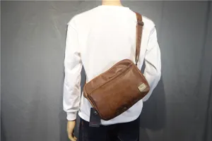 Brown PU leather crossbody bag detail, casual messenger style with adjustable strap and zip pocket.