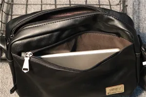 Men black PU leather shoulder bag multi-pocket crossbody bag with tablet compartment detail view