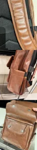 Primo piano sui dettagli dello zaino in pelle marrone con spallaccio in mesh e fibbia.