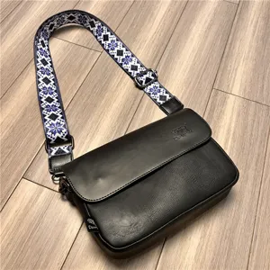 Casual men's crossbody bag with wide patterned strap black PU leather shoulder bag daily
