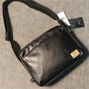 Men black PU leather messenger bag, minimalist casual crossbody bag for outdoor daily use and travel.