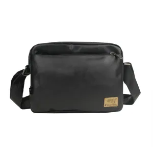 Three-box men's minimalist black leather shoulder bag, casual outdoor crossbody bag for daily use.