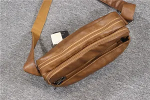 Men's brown PU leather crossbody bag multi zipper casual shoulder bag daily vintage style