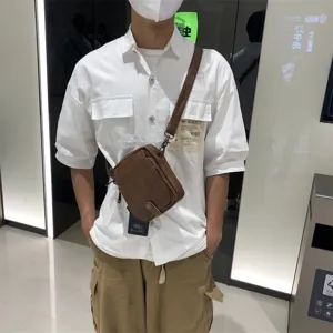 Three-box brown vertical crossbody bag for men, casual soft leather shoulder bag daily use