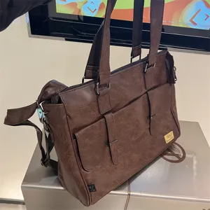 Sac d'affaires pour hommes en cuir PU marron voyage décontracté bandoulière sacoche ordinateur