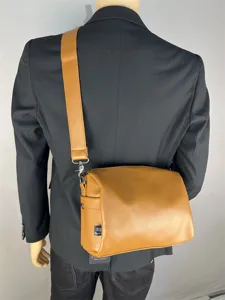 Brown PU leather crossbody shoulder bag detail, casual commuter style with wide strap.