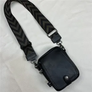 Men black vertical crossbody bag with patterned wide strap, casual shoulder bag for outdoor daily use.