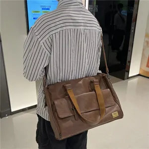 Sac bandoulière homme affaires décontracté, marron en cuir PU voyage sac à main élégant.
