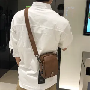 Men vertical PU leather crossbody bag, Japanese casual brown shoulder bag for daily use.