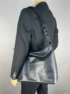 Men black leather shoulder bag casual crossbody tote bag with wide strap and metal hardware