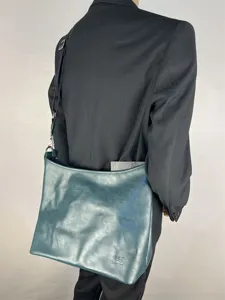 Men's dark green soft leather shoulder bag casual large capacity hobo crossbody bag details