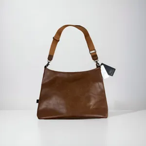Brown PU leather shoulder bag for men, casual vintage hobo crossbody bag with wide strap.