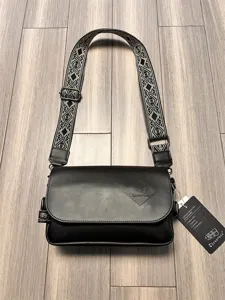 Men black leather crossbody bag casual wide strap shoulder bag for daily outdoor use.