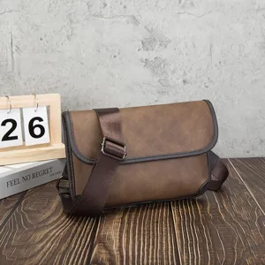 Men brown messenger bag detail view, retro PU leather crossbody shoulder bag with strap.