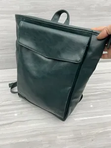 Dark green PU leather backpack for men and women, Japanese style student school bag outdoor.