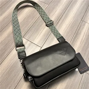 Stylish men's black leather crossbody bag with green wide woven strap casual daily use