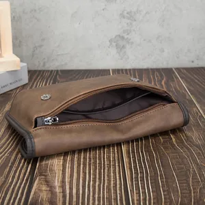 Vintage brown faux leather men clutch bag stylish soft retro zipper small handbag daily use