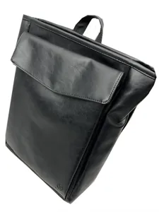 Black leather backpack for men women stylish casual school travel laptop bag main front flap view