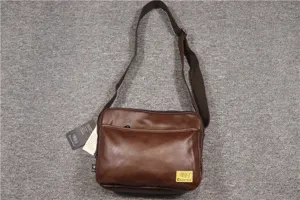 Three-box brown PU leather messenger bag for men and women, casual vintage crossbody shoulder bag.