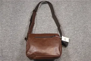 Brown PU leather messenger bag, horizontal casual crossbody bag with adjustable strap and zip pocket.