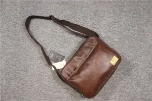 Threebox stylish brown leather messenger bag, casual horizontal single shoulder bag for men