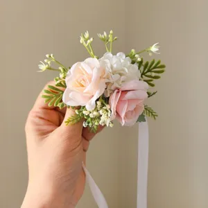 Corsage de flor de muñeca de rosa rosa artificial para fotografía de boda pulsera floral.