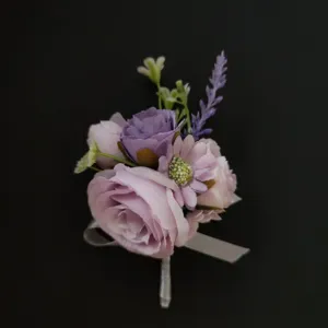 Paarse Kunstzijde Bloem Corsage Pak Reversspeld Voor Bruidegom Bruiloft Feest Corsage