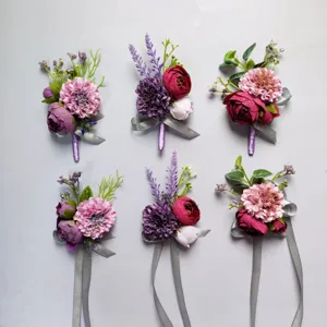 Artificial flower boutonnieres set, purple and pink wedding corsages for grooms and guests, elegant suit decor.