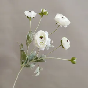 Nahaufnahme eines künstlichen weißen Hahnenfuß-Blumenzweigs mit feinen Knospen.