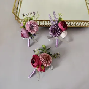 Purple artificial flower boutonniere set for wedding business groom suit lapel decoration