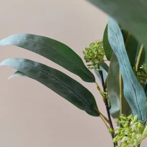 Primo piano dettagliato di un ramo di eucalipto artificiale con foglie verdi e piccoli frutti.