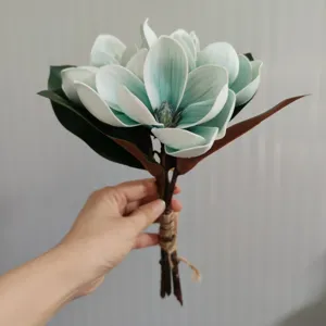 Bouquet de Fleurs de Magnolia Artificiel 4 Têtes EVA Toucher Réel pour Décoration