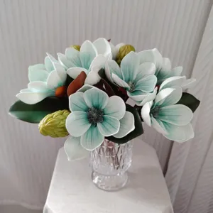 Bouquet de fleurs de magnolia artificiel en EVA doux, élégant arrangement de vase pour déco.
