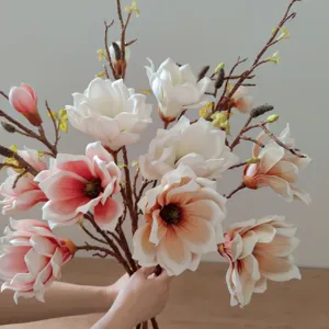 Large branch artificial magnolia flower, EVA touch simulation floral detail for home decor.