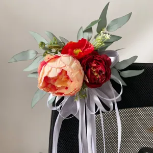 Artificial Silk Peony Flower Chair Back Decor Rose Bouquet with Ribbon for Wedding Party Staircase Car Home Decoration