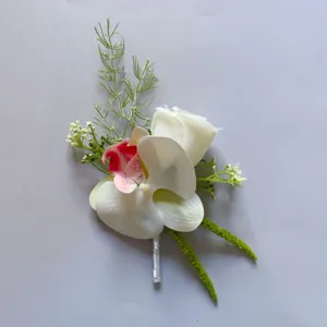Artificial white rose Phalaenopsis corsage boutonniere for wedding bride bridesmaid party decor