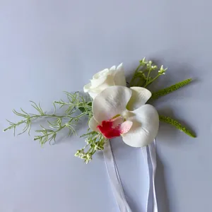 Artificial butterfly orchid flower corsage, white rose wedding bride bridesmaid bridal decor.