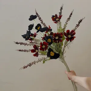 Artificial black flower bouquet, 8 stems dark poppy cosmos floral for home decor detail.